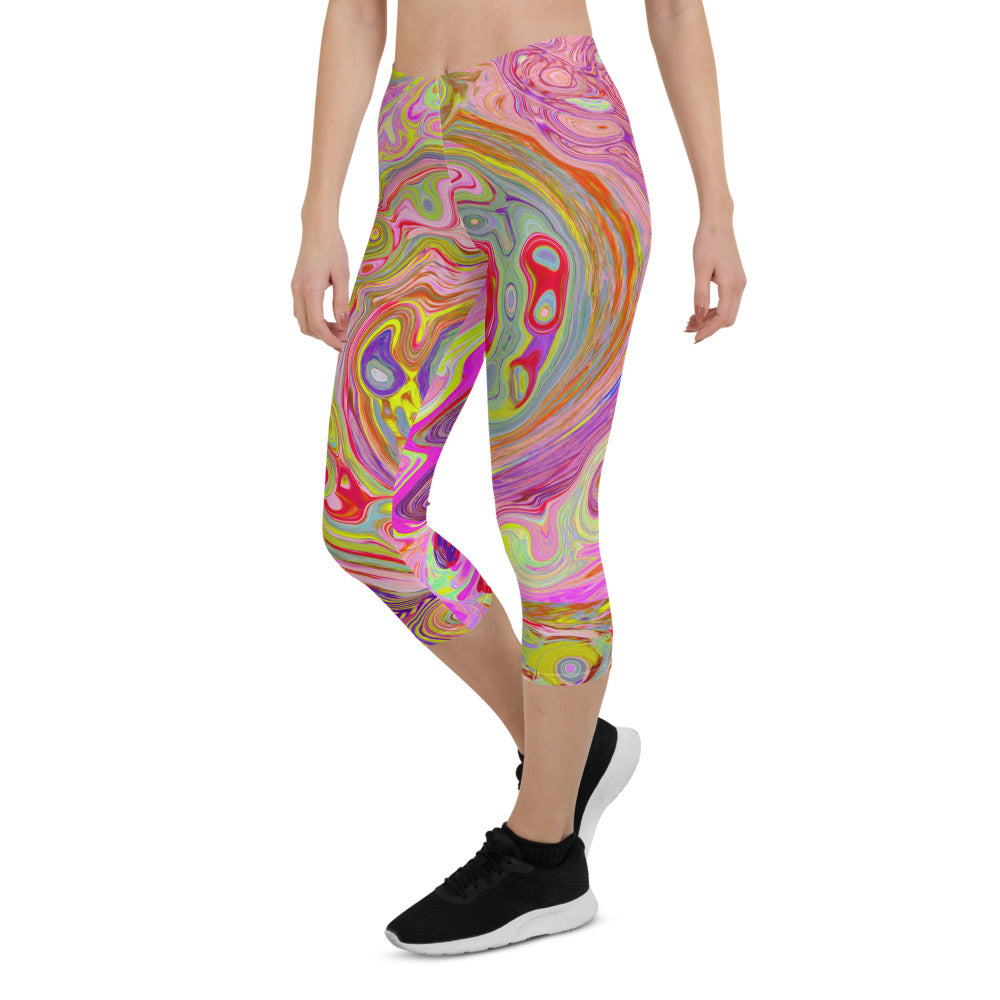 Capri Leggings for Women, Retro Pink, Yellow and Magenta Abstract Groovy Art