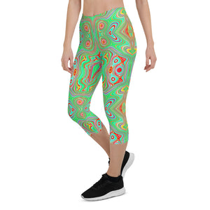 Capri Leggings for Women, Trippy Retro Orange and Lime Green Abstract Pattern