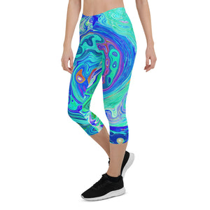 Capri Leggings for Women, Groovy Abstract Ocean Blue and Green Liquid Swirl