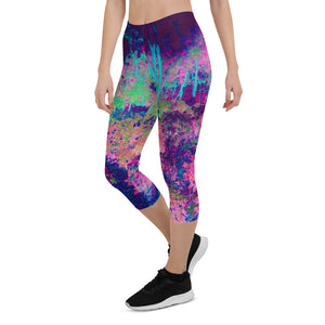 Capri Leggings for Women, Impressionistic Purple and Hot Pink Garden Landscape