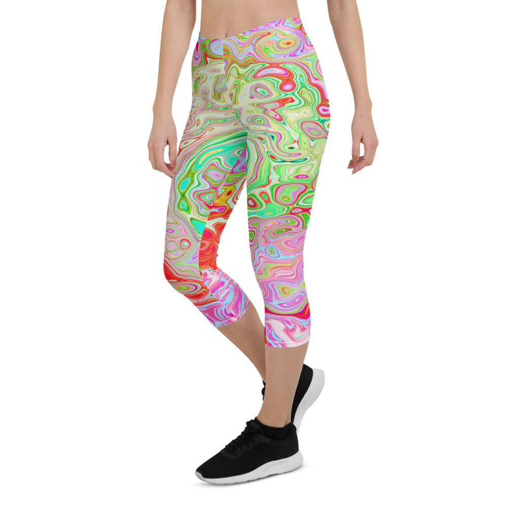 Capri Leggings for Women, Groovy Abstract Retro Pastel Green Liquid Swirl