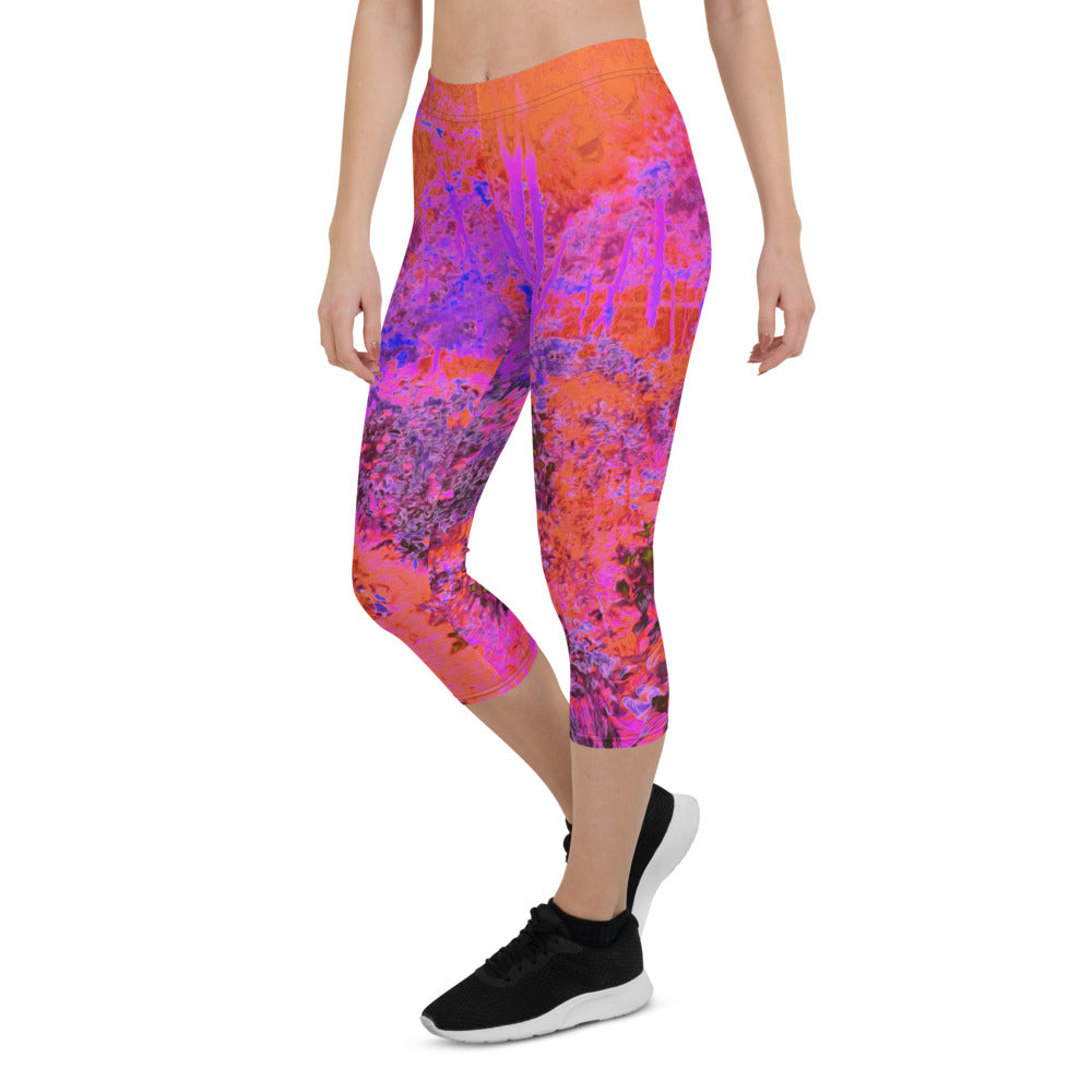 Capri Leggings for Women, Trippy Magenta and Orange Impressionistic Garden