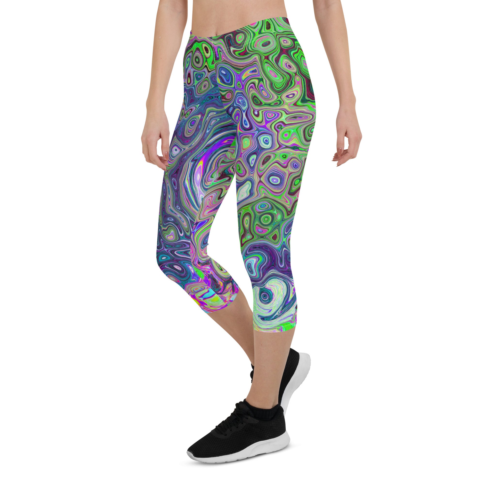 Capri Leggings for Women, Marbled Lime Green and Purple Abstract Retro Swirl