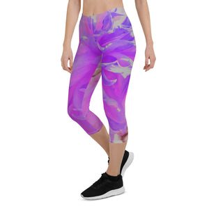 Capri Leggings for Women, Elegant Ultra-Violet Decorative Dahlia Flower