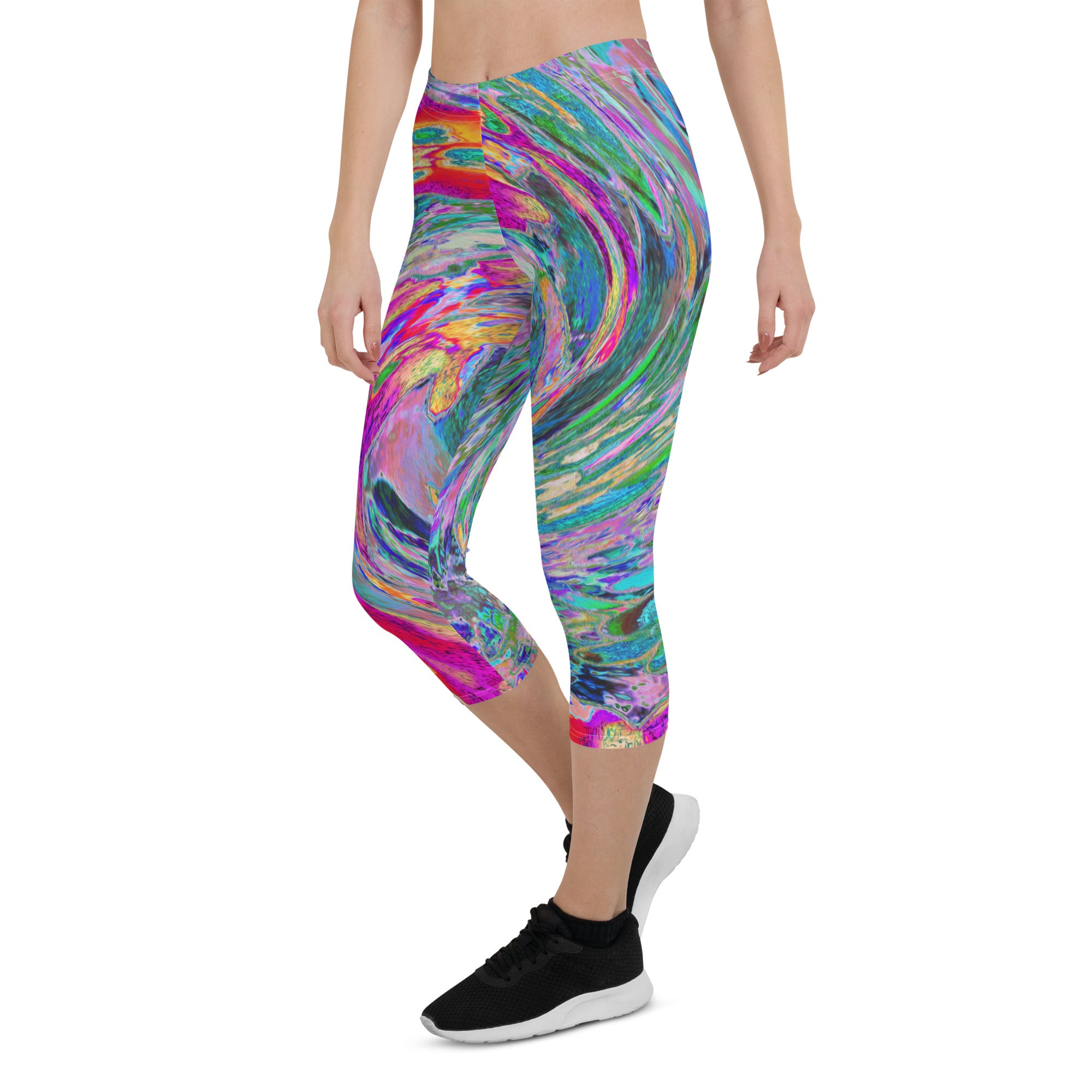 Capri Leggings for Women, Abstract Floral Psychedelic Rainbow Waves of Color