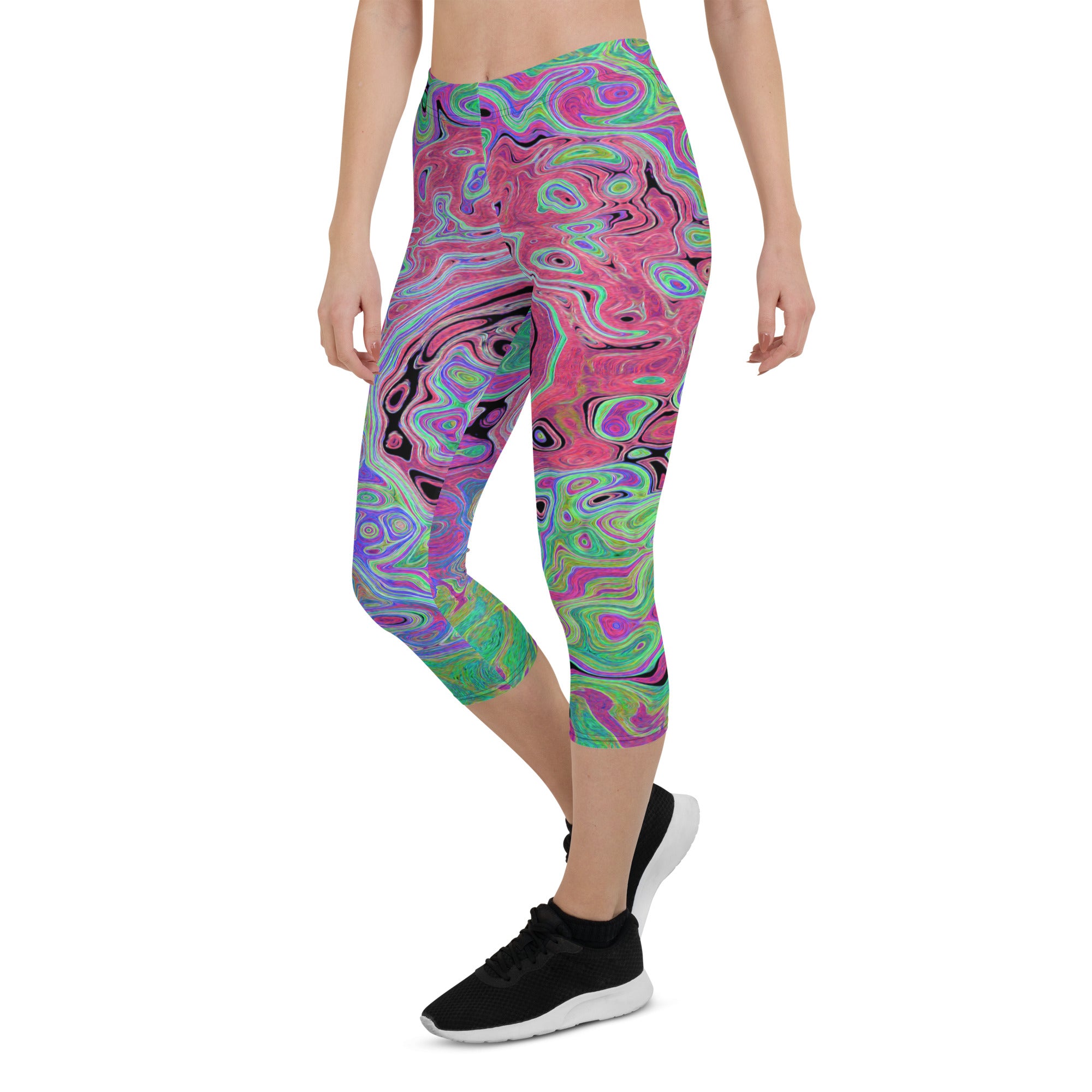 Capri Leggings, Pink and Lime Green Groovy Abstract Retro Swirl
