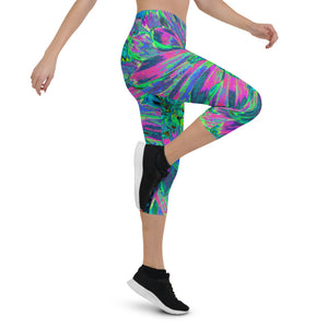 Capri Leggings for Women, Psychedelic Magenta, Aqua and Lime Green Dahlia