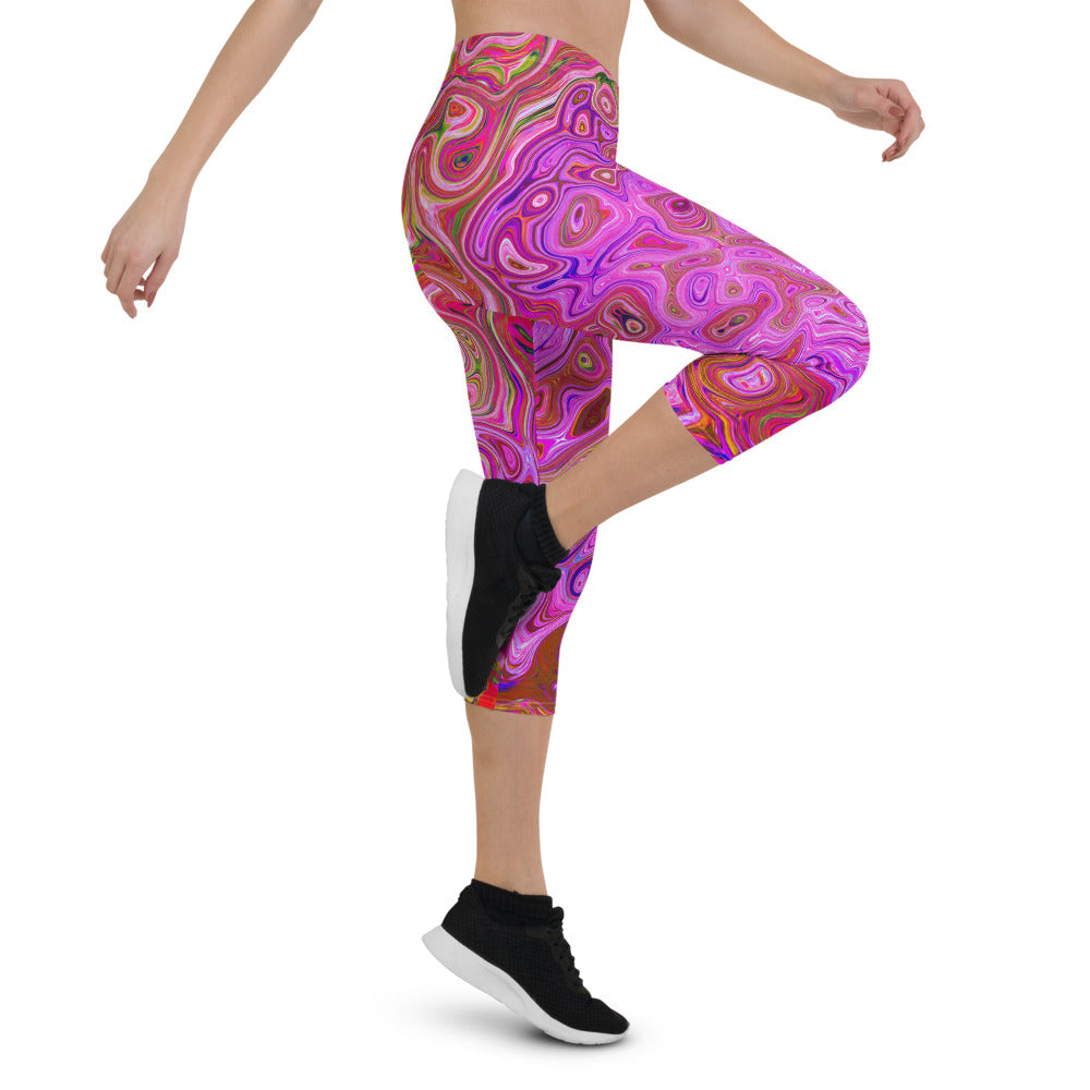 Capri Leggings for Women, Hot Pink Marbled Colors Abstract Retro Swirl
