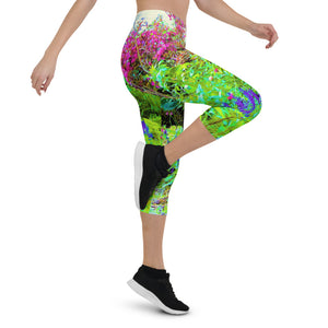 Capri Leggings for Women, Green Spring Garden Landscape with Peonies