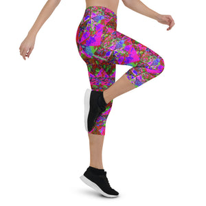 Capri Leggings for Women, Trippy Garden Quilt Painting with Lime Green Hydrangea