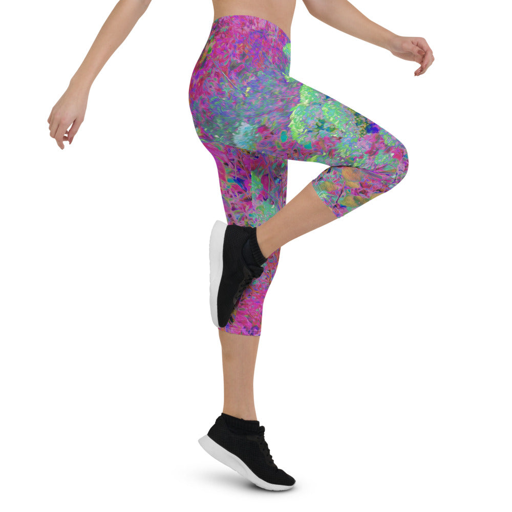 Colorful Floral Capri Leggings, Magenta Garden with Aqua Hydrangea Flowers