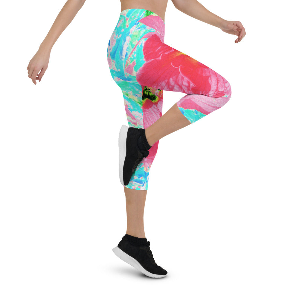 Capri Leggings for Women, Two Rosy Red Coral Plum Crazy Hibiscus on Aqua