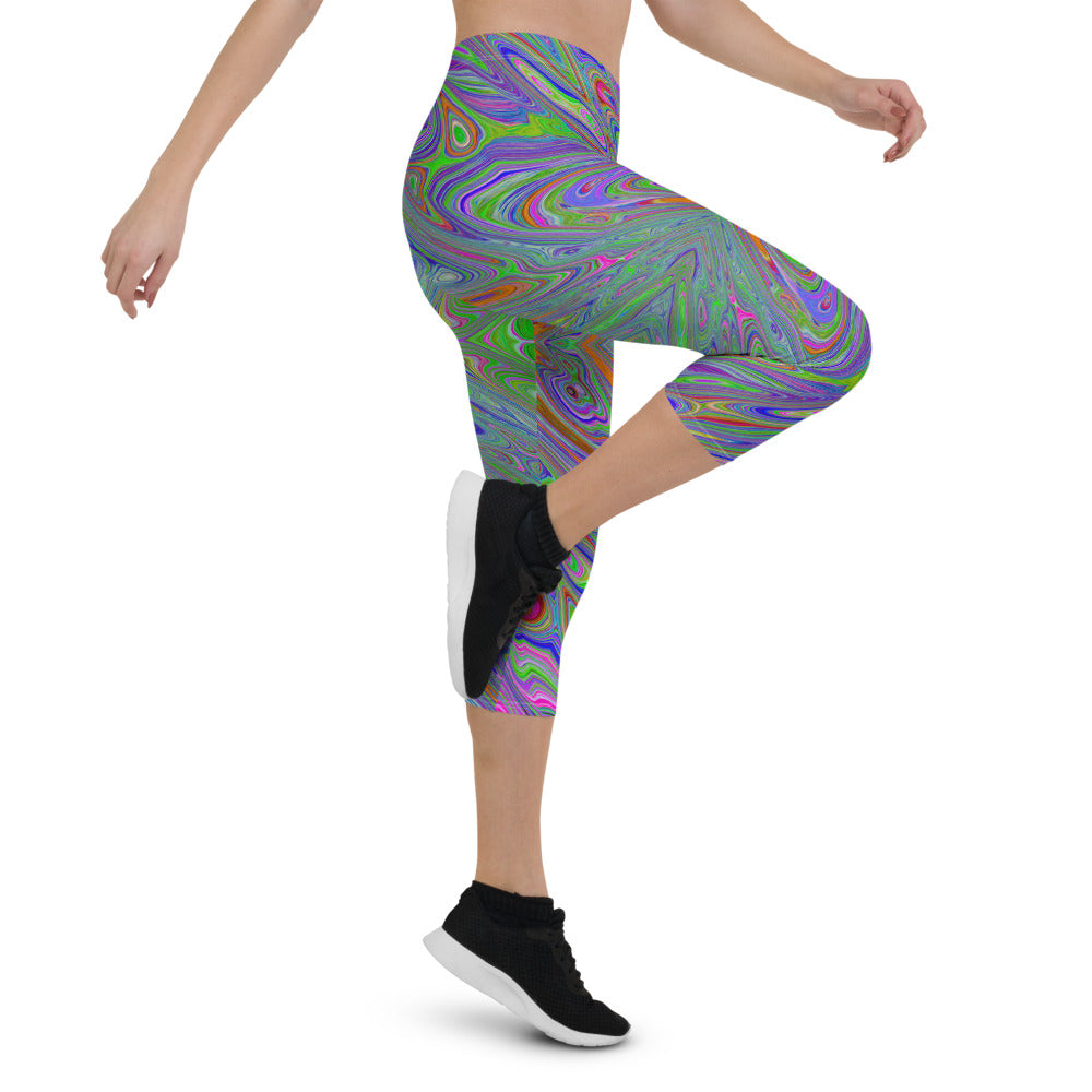 Capri Leggings for Women, Abstract Trippy Purple, Orange and Lime Green Butterfly