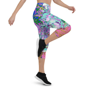 Capri Leggings for Women, Elegant Aqua and Purple Limelight Hydrangea Detail