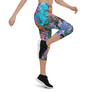 Capri Leggings for Women, Abstract Coral, Pink, Green and Aqua Garden Foliage