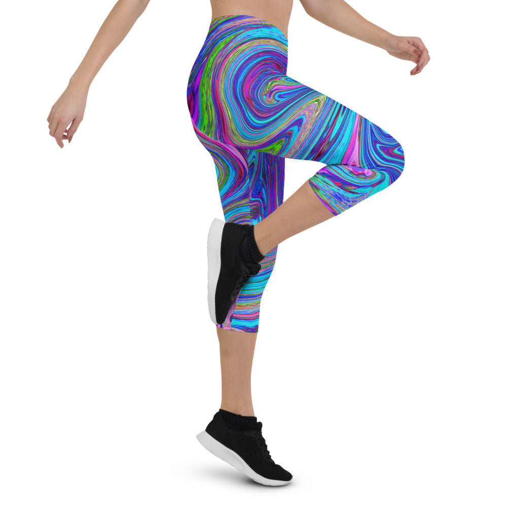 Capri Leggings for Women, Blue, Pink and Purple Groovy Abstract Retro Art