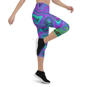 Capri Leggings for Women, Marbled Magenta and Lime Green Groovy Abstract Art