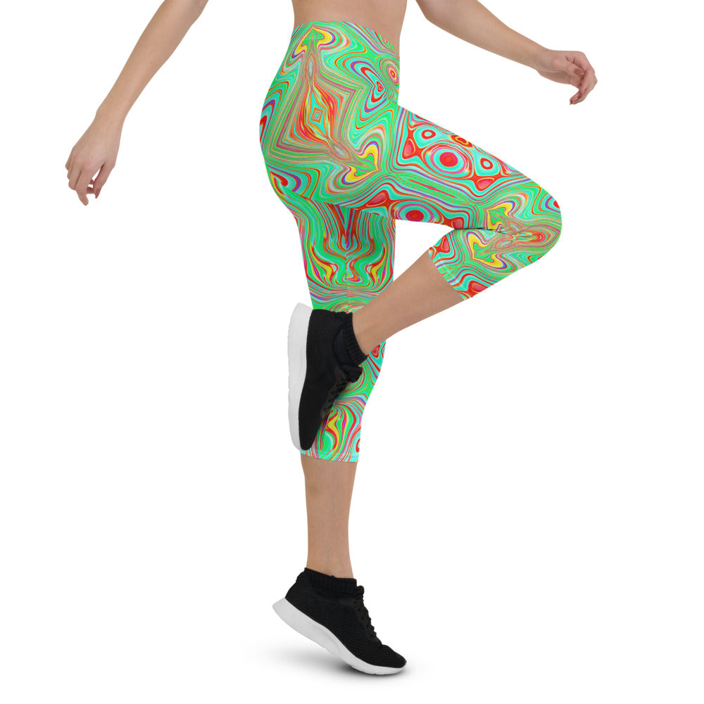 Capri Leggings for Women, Trippy Retro Orange and Lime Green Abstract Pattern