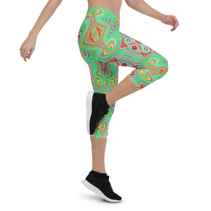 Capri Leggings for Women, Trippy Retro Orange and Lime Green Abstract Pattern