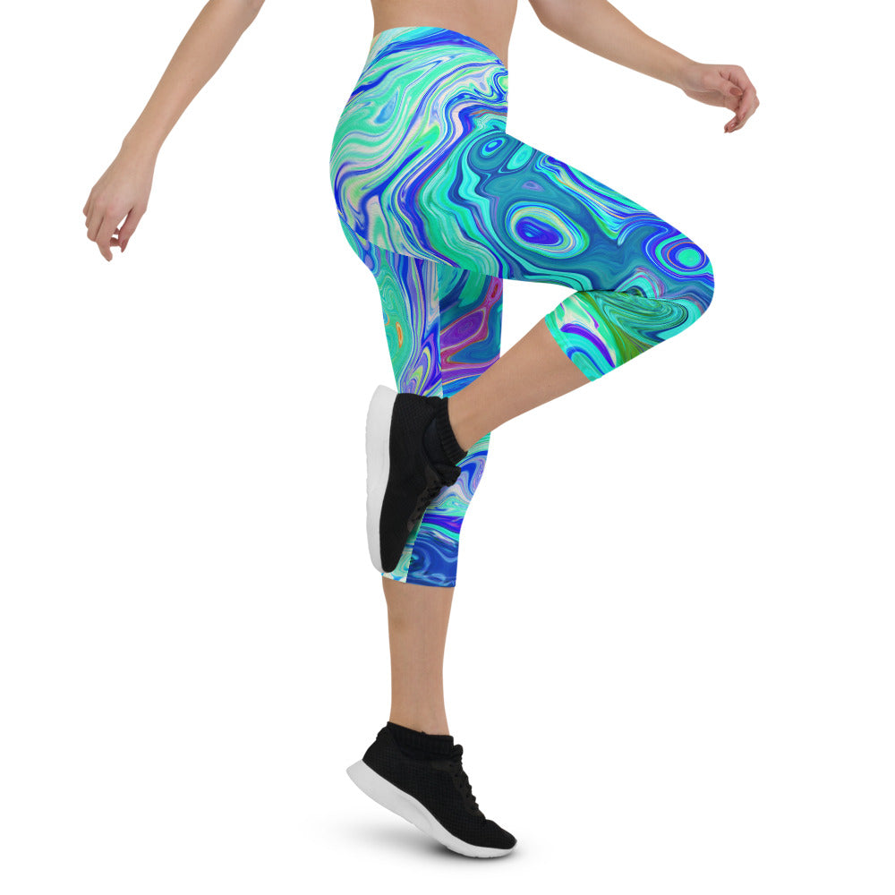 Capri Leggings for Women, Groovy Abstract Ocean Blue and Green Liquid Swirl