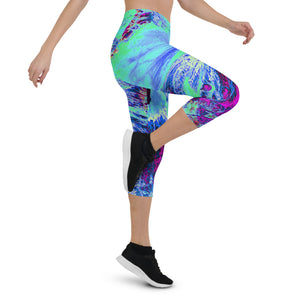Capri Leggings for Women, Psychedelic Retro Green and Blue Hibiscus Flower