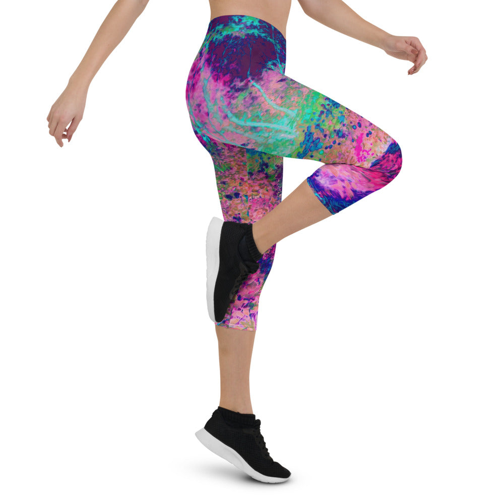 Capri Leggings for Women, Impressionistic Purple and Hot Pink Garden Landscape