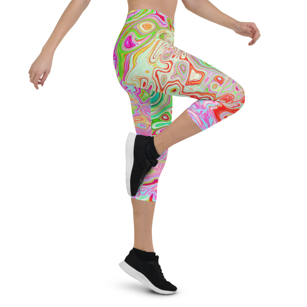 Capri Leggings for Women, Groovy Abstract Retro Pastel Green Liquid Swirl