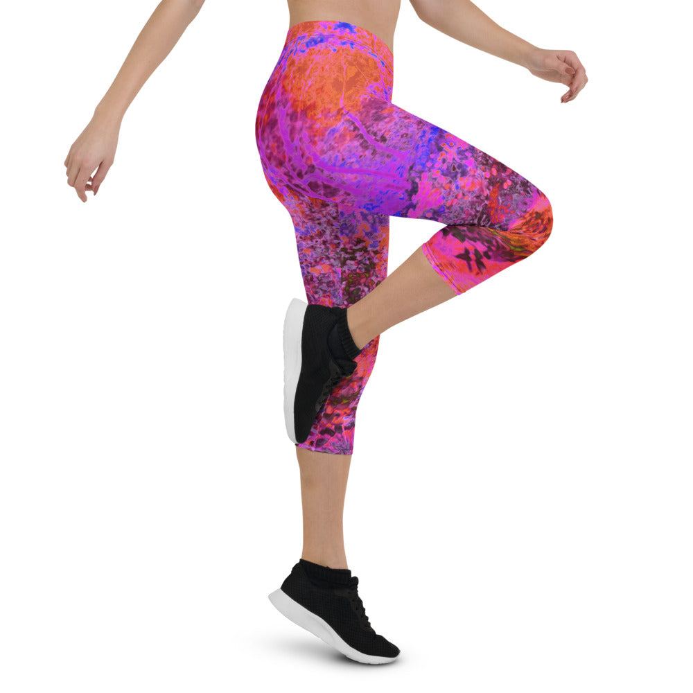 Capri Leggings for Women, Trippy Magenta and Orange Impressionistic Garden