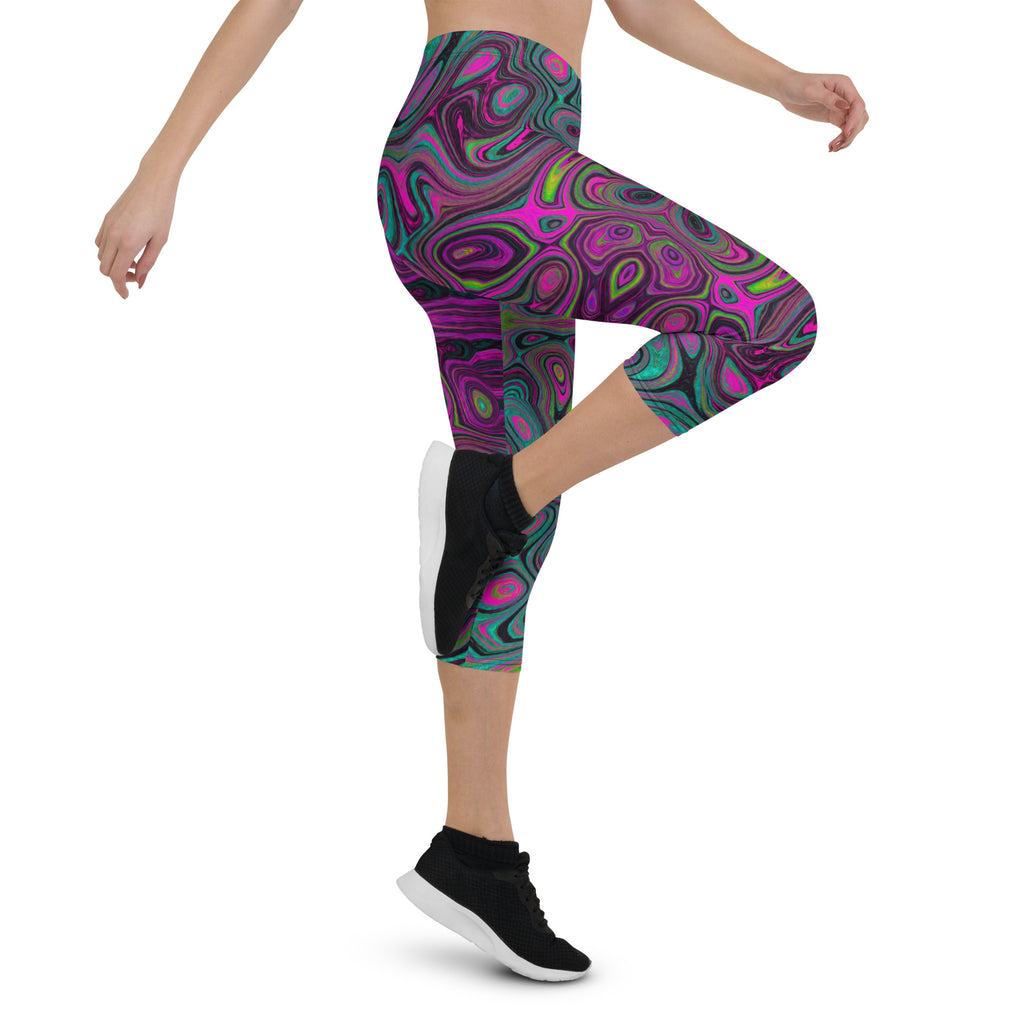 Capri Leggings for Women, Abstract Magenta and Teal Blue Groovy Retro Pattern