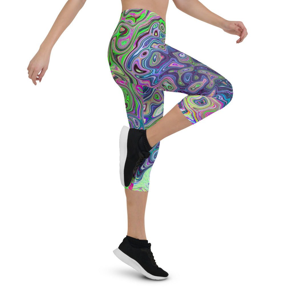 Capri Leggings for Women, Marbled Lime Green and Purple Abstract Retro Swirl