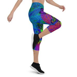 Capri Leggings For Women, Psychedelic Purple and Lime Green Lily Flower