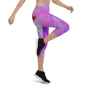 Capri Leggings for Women, Elegant Ultra-Violet Decorative Dahlia Flower