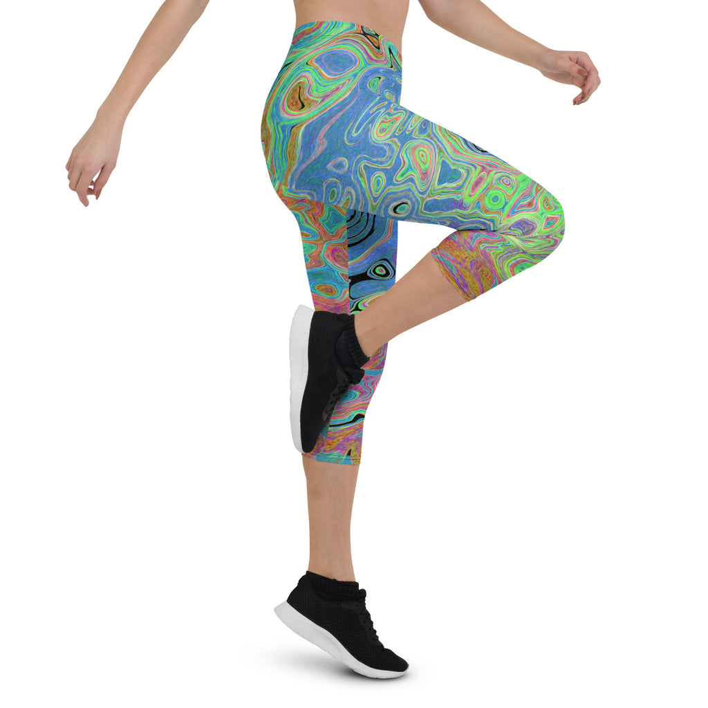 Capri Leggings for Women, Watercolor Blue Groovy Abstract Retro Liquid Swirl