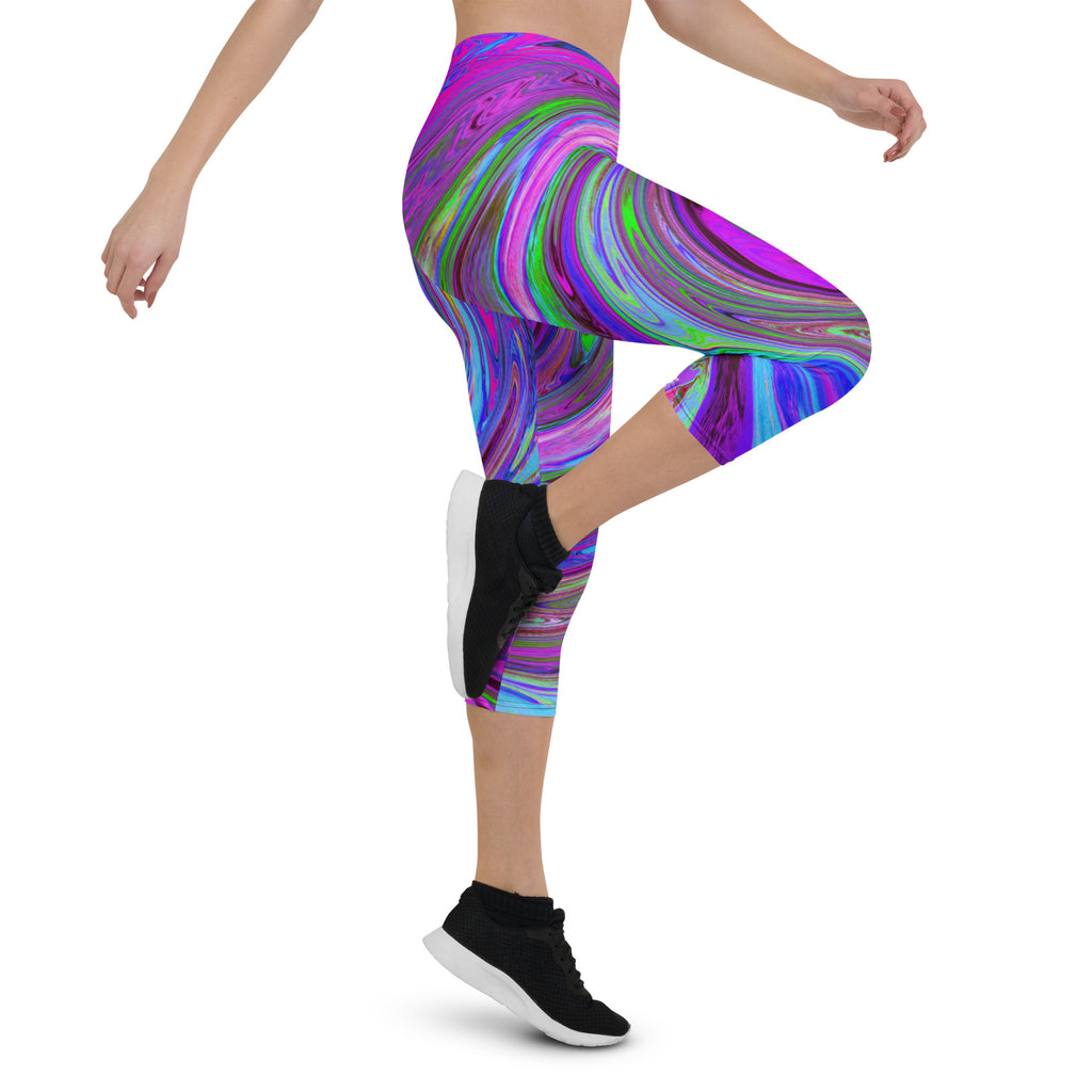 Capri Leggings for Women, Colorful Magenta Swirl Retro Abstract Design