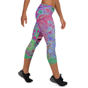Capri Leggings, Pink and Lime Green Groovy Abstract Retro Swirl