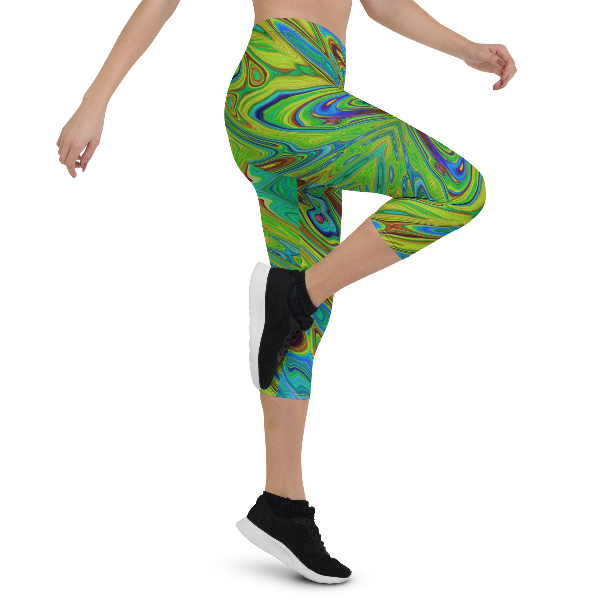 Capri Leggings, Trippy Chartreuse and Blue Abstract Butterfly