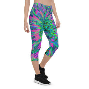 Capri Leggings for Women, Psychedelic Magenta, Aqua and Lime Green Dahlia