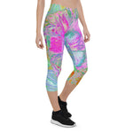 Capri Leggings for Women, Psychedelic Hot Pink and Ultra-Violet Hibiscus