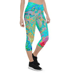 Colorful Capri Leggings for Women, Groovy Abstract Retro Rainbow Liquid Swirl