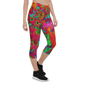 Capri Leggings for Women, Psychedelic Groovy Red and Green Wildflowers