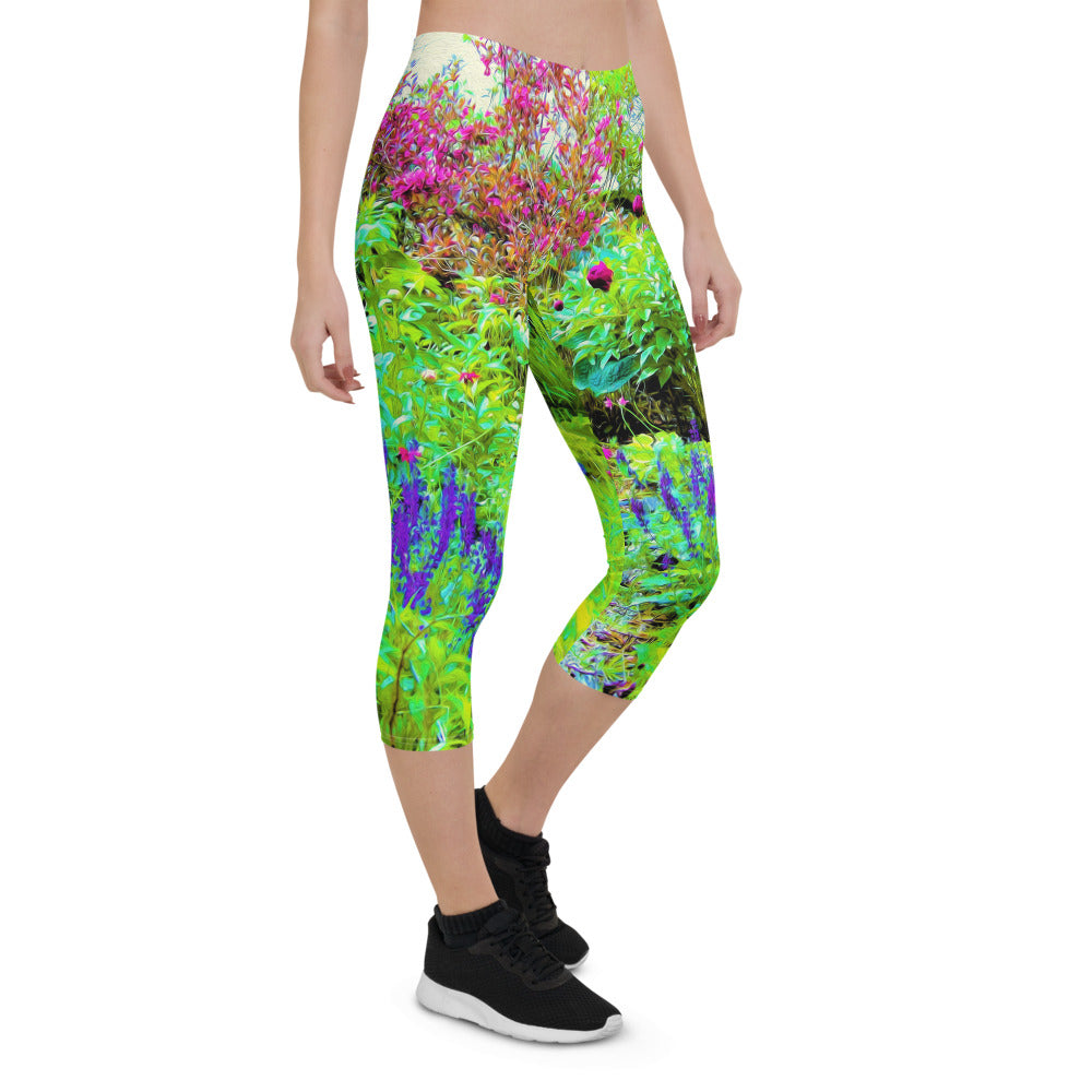 Capri Leggings for Women, Green Spring Garden Landscape with Peonies