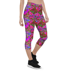 Capri Leggings for Women, Trippy Garden Quilt Painting with Lime Green Hydrangea