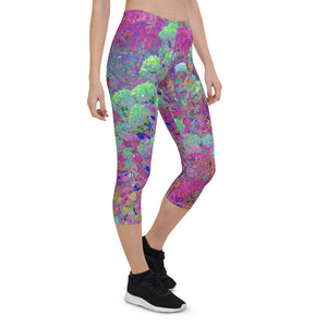 Colorful Floral Capri Leggings, Magenta Garden with Aqua Hydrangea Flowers