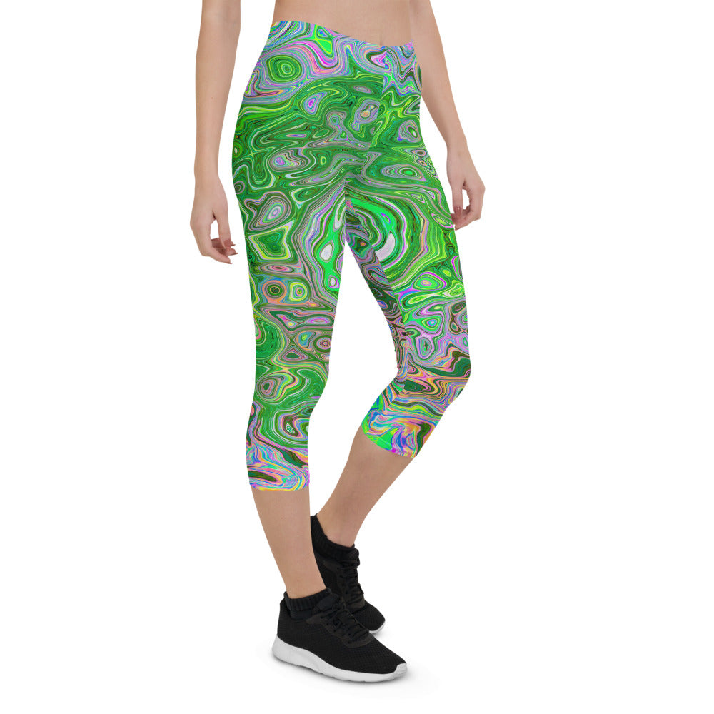 Colorful Capri Leggings for Women, Trippy Lime Green and Pink Abstract Retro Swirl