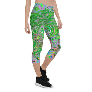 Colorful Capri Leggings for Women, Trippy Lime Green and Pink Abstract Retro Swirl