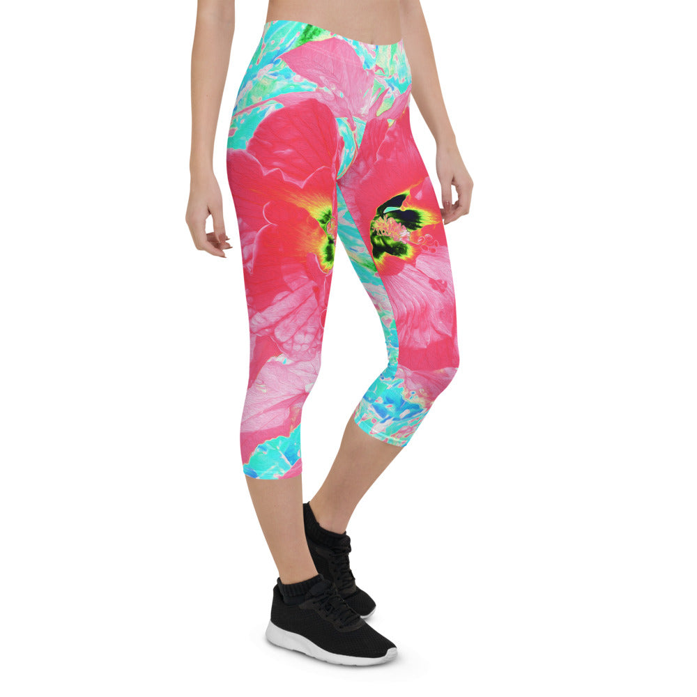 Capri Leggings for Women, Two Rosy Red Coral Plum Crazy Hibiscus on Aqua