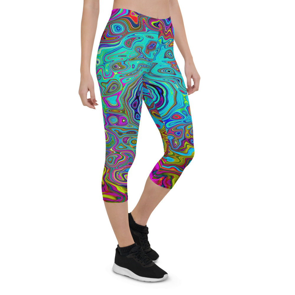 Capri Leggings for Women, Trippy Sky Blue Abstract Retro Liquid Swirl