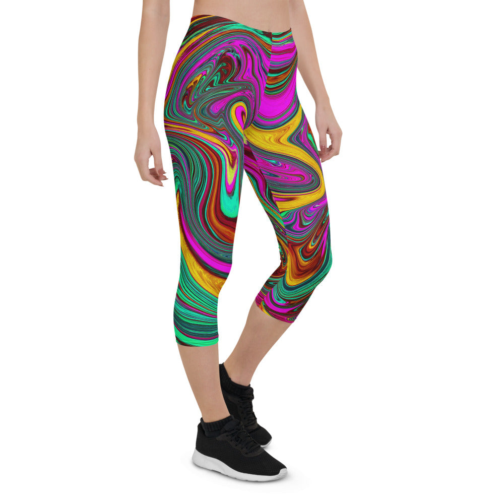 Capri Leggings for Women, Marbled Hot Pink and Sea Foam Green Abstract Art