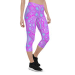 Capri Leggings for Women, Trippy Hot Pink and Aqua Blue Abstract Pattern