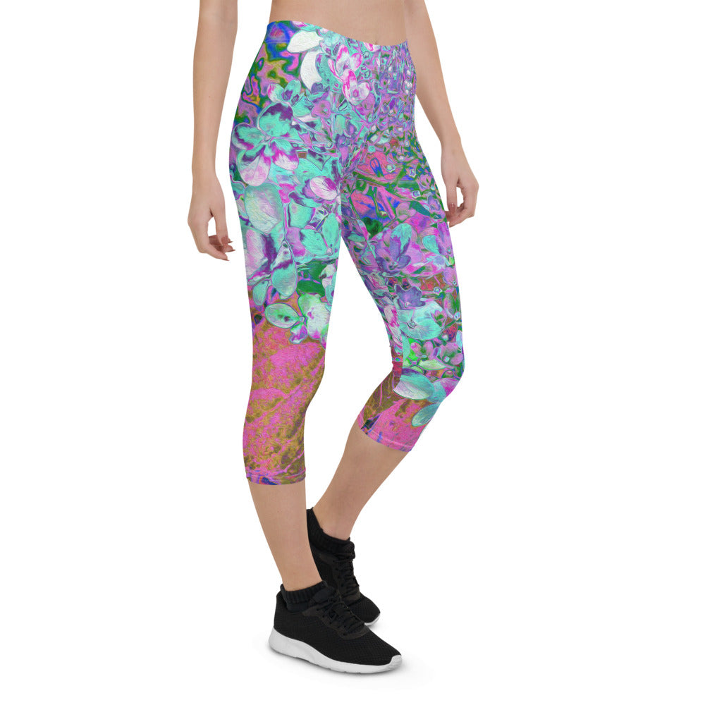 Capri Leggings for Women, Elegant Aqua and Purple Limelight Hydrangea Detail